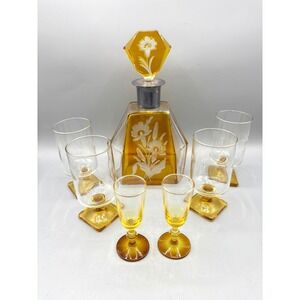 Vintage Amber Glass Decanter Set Etched Floral 6 Glasses